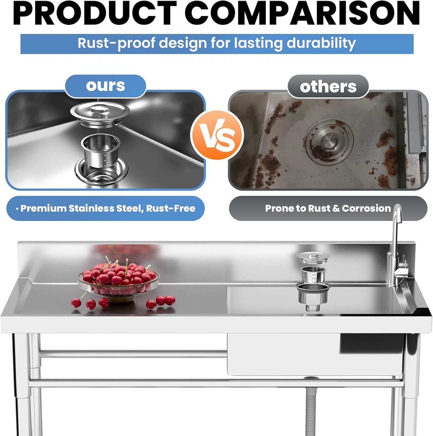 286lbs High-Traffic Utility Sink,Stainless Steel Outdoor Sink With Drain – Stainless Steel Utility Sink, Sink Portable For Backyard Parties/Commercial Prep(360 Degree Swivel Rust Proof Faucet)