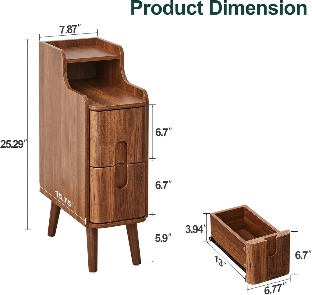 Narrow Nightstand Set of 2, Wood 2 Drawer Small Nightstand, Slim Side Table, Modern Skinny End Bedside Table, Natural Wood Night Stand with Drawers for Bedroom (Walnut-2 pcs)