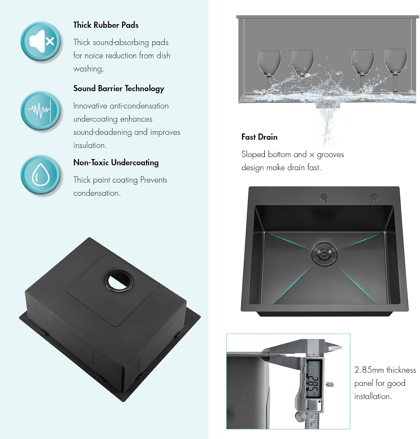 ATTOP 25 Inch Black Drop in Stainless Steel Medium Single Bowl Kitchen Sink,25x22 Nano Black Handmade Single Bowl Drop in Kitchen Sink