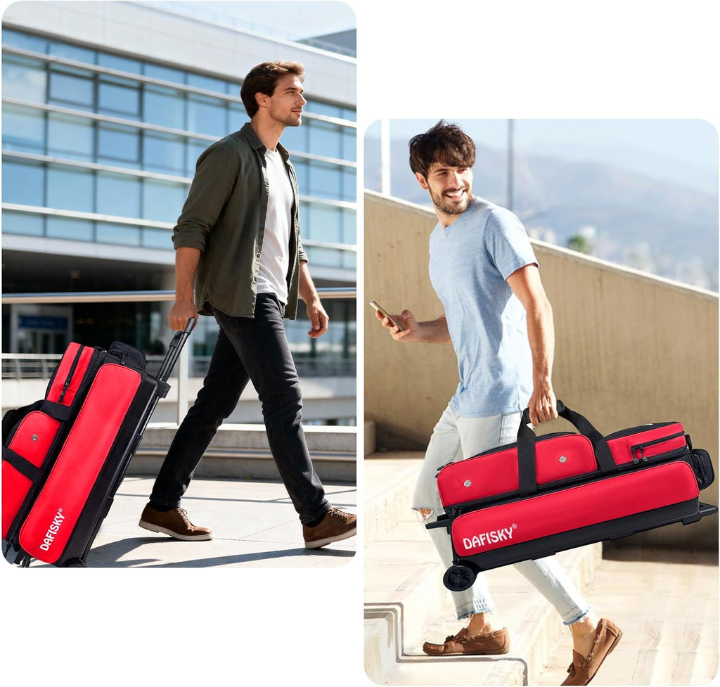 DAFISKY 3 Ball Bowling Bags with Wheels, Roller Bowling Bag with Multiple Pockets Retractable Handle Extends to 38''