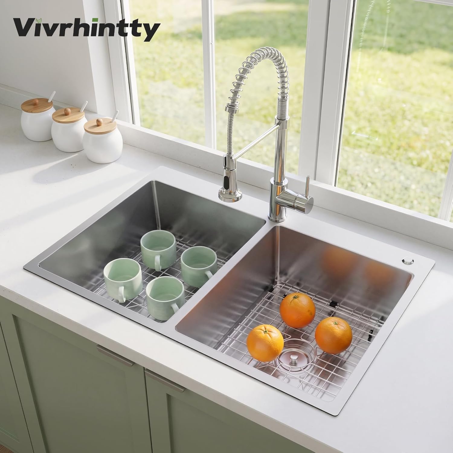 33' x 22' x 9' Drop-In Double Bowl Kitchen Sink, Topmount Stainless Steel with Satin Finish, Soundproofing & Protective Bottom Grid