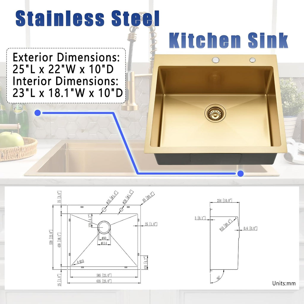 25 Inch Gold Drop In Kitchen Sink with Faucet Combo - 25x22 Modern Gold Stainless Kitchen Sink Drop In, Single Bowl Top Mount Sink with Soap Dispenser & Accessories