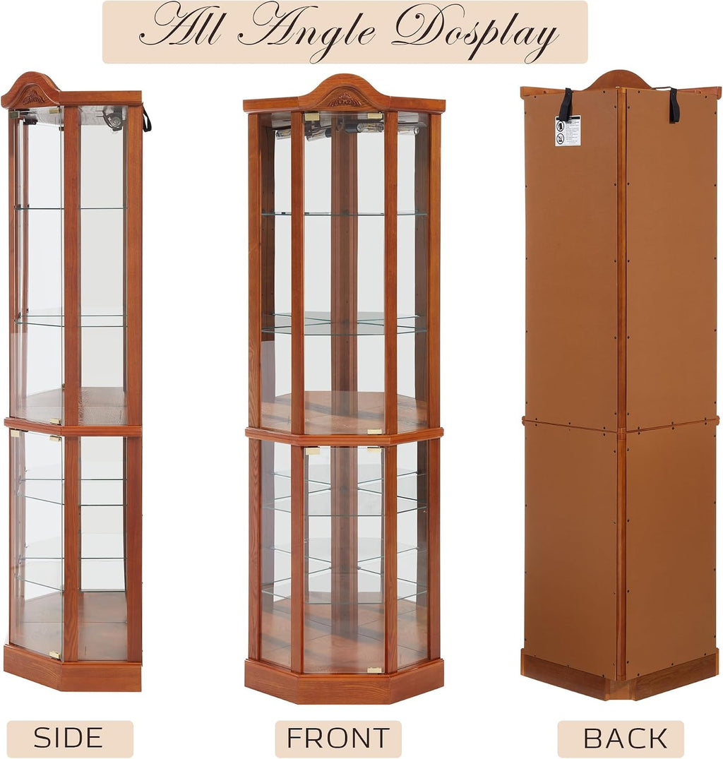 72' H Lighted Corner Curio Cabinet with Top Carvings, Tall Glass Display Case with 6 Adjustable Shelves, Freestanding Home Bar Cabinet for Liquor Storage (Oak)
