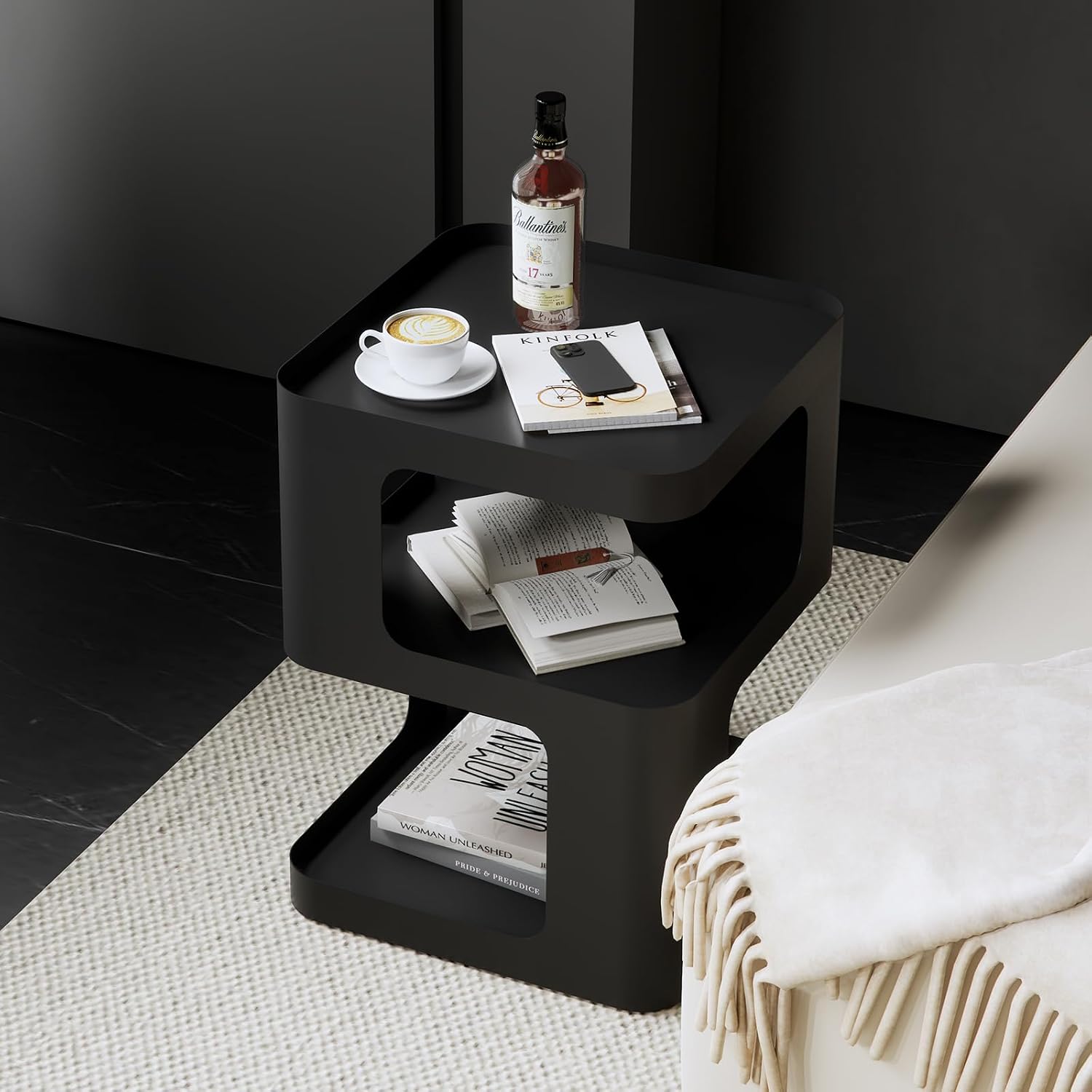 Modern Metal Side Table with Storage,Small End Table for Sofa & Couch,3-Tier Compact Nightstand for Small Spaces,Black Bedside Tables for Living Room & Bedroom,No Assembly Required