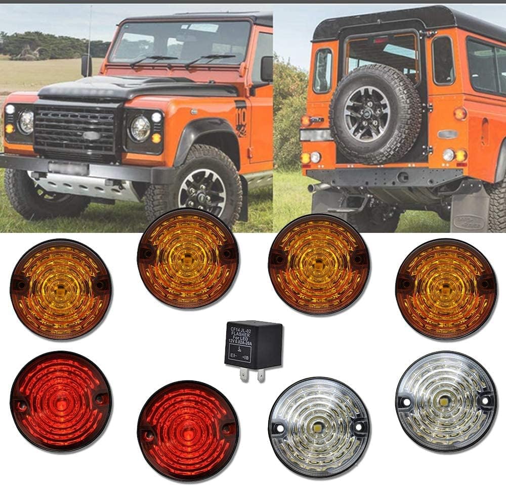 Defender Led Light Update Kits – Standard Size Amber Indicatior Front Side Light Rear Stop Tail Light For L.and Ro.ver Defender 90/110 With Flasher Total 8pcs 73mm 4*Yellow+2*Clear+2*Red Led Light