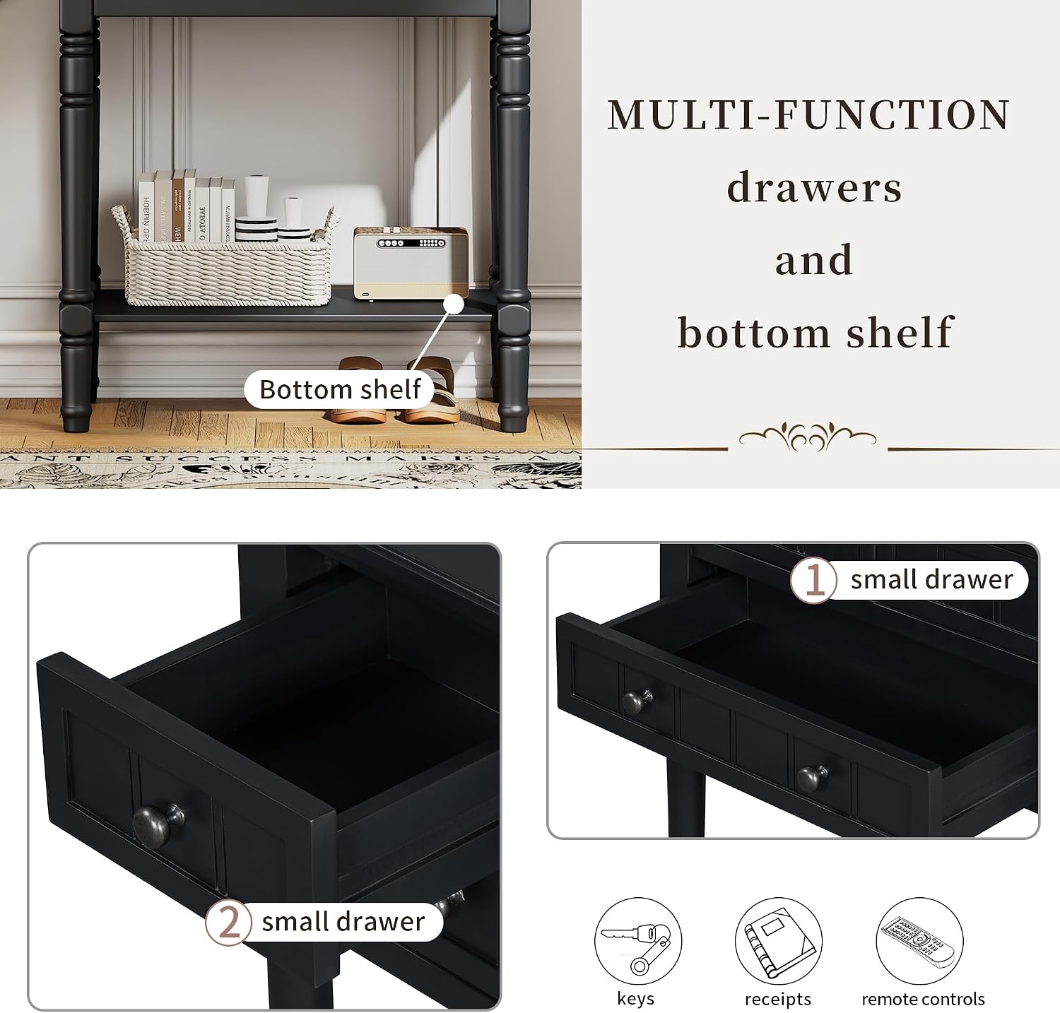 Knocbel Slim Antique Entry Console Table with 3 Drawers & Bottom Open Shelf, Solid Wood Narrow Sofa Couch Table for Entryway Hallway Living Room 23.7' W x 13' D x 31.4' H Black