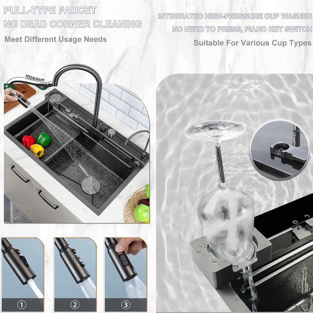 Large Single-Bowl Kitchen Sink 304 Stainless Steel Digital Display Waterfall Sink Multifunctional Bar Sink RV Sink with Pull-Type Faucet Top Mount Or Under (