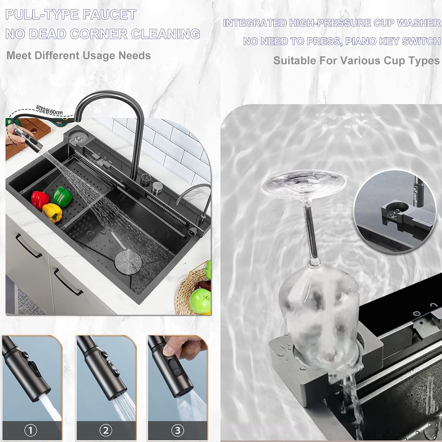 Large Single-Bowl Kitchen Sink 304 Stainless Steel Digital Display Waterfall Sink Multifunctional Bar Sink RV Sink with Pull-Type Faucet Top Mount Or Under (