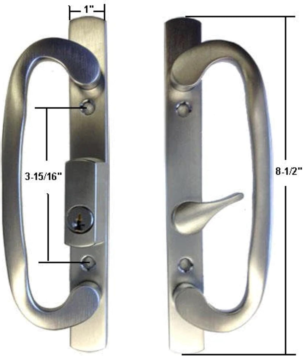 8.5' Legacy Sliding Patio Glass Door Offset Latch Chrome Grey Handle Set with Keys - Sash Controls 2265 Keyed Lock - Fits 3-15/16' Screw Hole Spacing and 1-1/4' to 2-1/4' Door Thickness