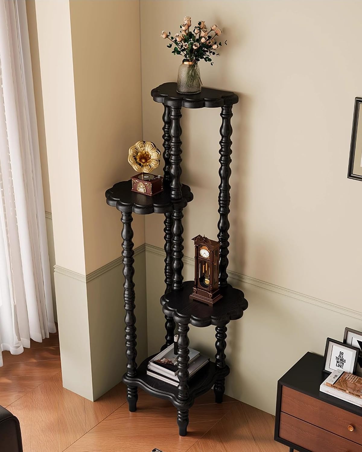 Vintage Corner Shelf 4-Tier, Solid Wood Display Shelf Mid Century, Unique Handcrafted Antique Display Rack, Freestanding Corner Bookshelf with Spindle Legs for Living Room Bedroom, Black