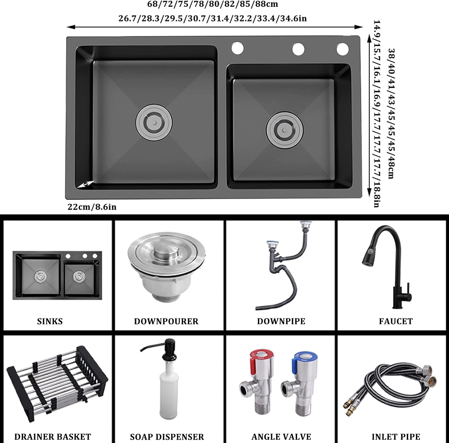 Black Double Bowl Kitchen Sink 304 Stainless Steel Bar Sink Square RV Sink with Faucet & Drain Top Mount Or Undermount (Color : Black-c, Size : 88x48x22cm)