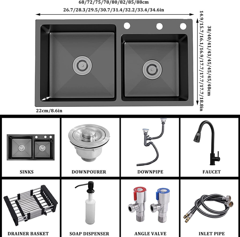 Black Double Bowl Kitchen Sink 304 Stainless Steel Bar Sink Square RV Sink with Faucet & Drain Top Mount Or Undermount (Color : Black-c, Size : 85x45x22cm)