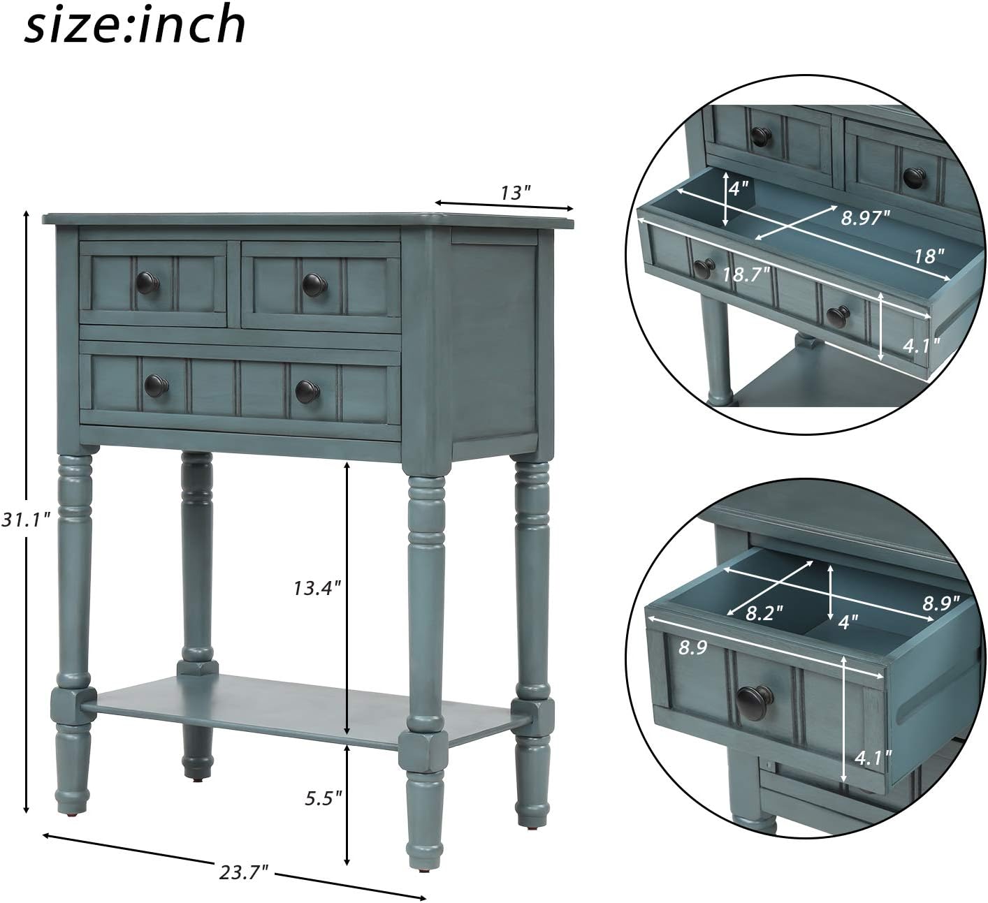 Knocbel Slim Antique Entry Console Table with Drawers & Bottom Open Shelf, Solid Wood Sofa Couch Table for Entryway Hallway Living Room (Navy)