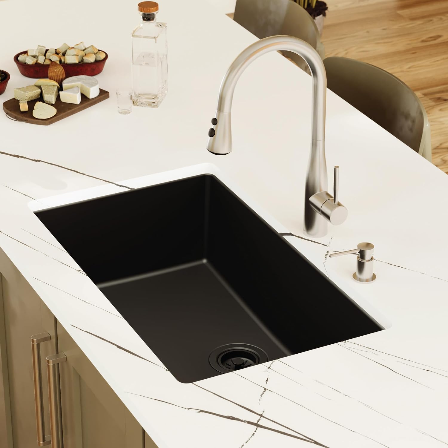Karran Undermount 33' Large Single Bowl Granite Quartz Composite Kitchen Sink in Black – Extra Deep 9' Basin, Heat & Scratch Resistant, Sound Dampening, Rear Drain – QU-812