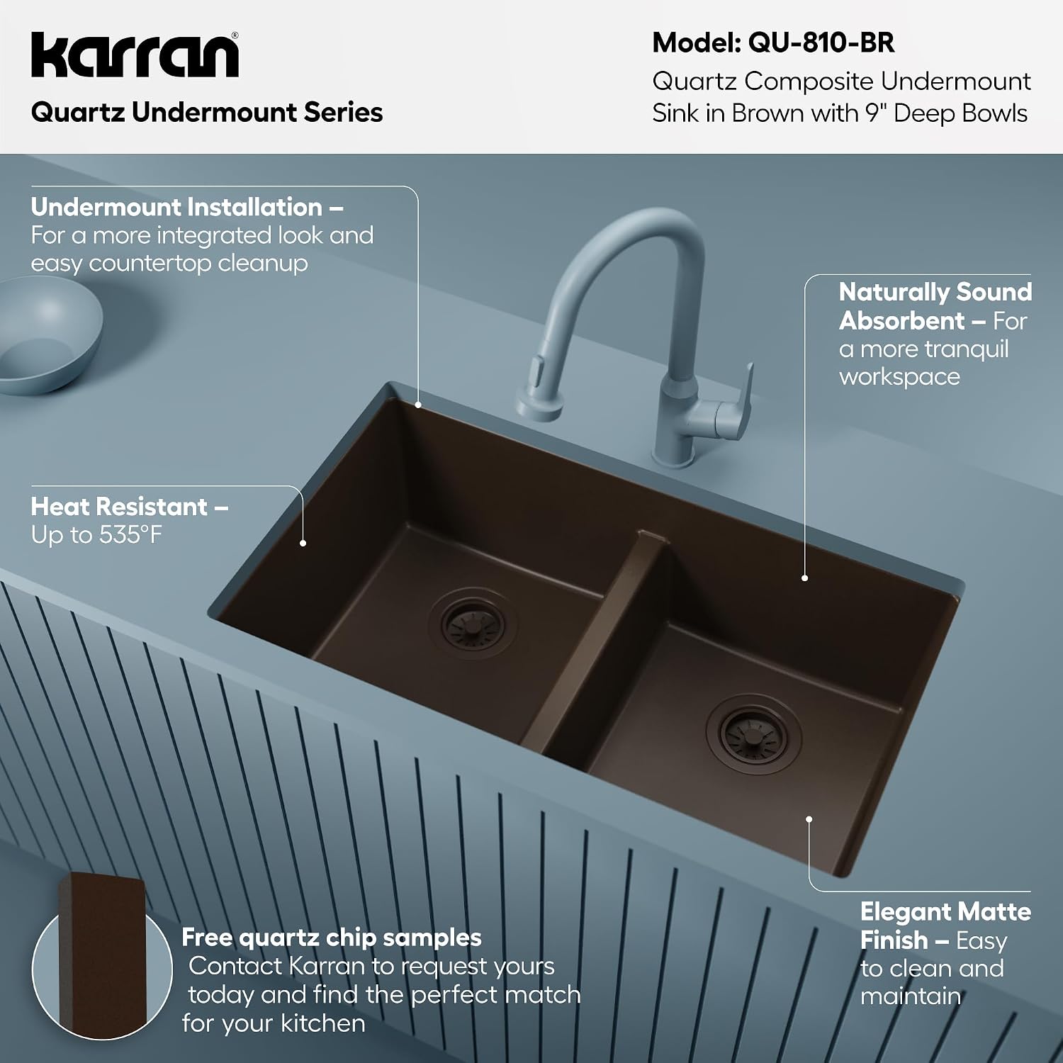 Karran 32' Brown Quartz Composite Undermount Double Bowl Kitchen Sink with Low Divider – 50/50 Equal Bowl, 80% Natural Quartz, 535°F Heat Resistant, Sound Dampening, QU-810
