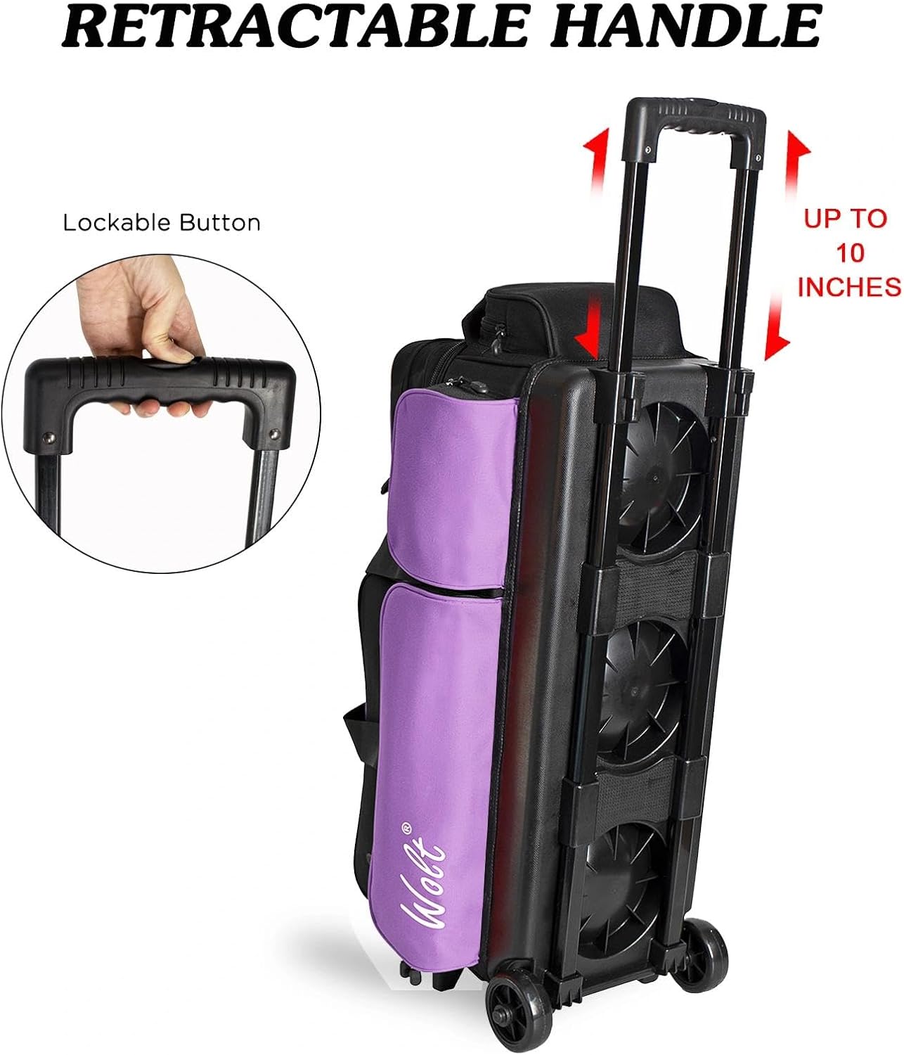 WOLT 3 Ball Bowling Bags with Wheels,Bowling Ball Bag 3 Ball Roller with Separate Shoe Compartment and Accessory Pocket, Retractable Handle Extends to 38''
