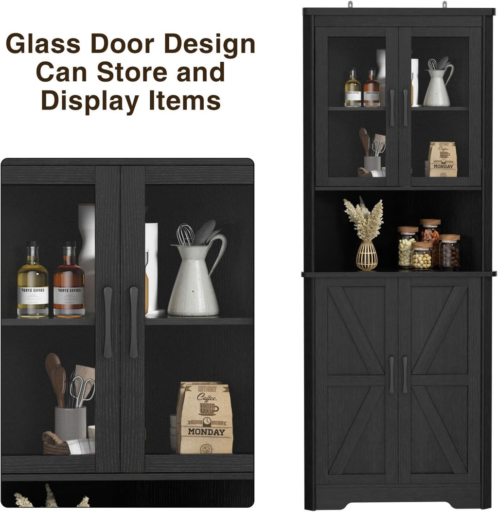 67''H Black Tall Farmhouse Corner Storage Cabinet with 4 Tempered Glass Doors and Barn Doors, Narrow Bathroom Cabinet with 2 Adjustable Shelves, Corner Hutch for Kitchen, Dining Living Room