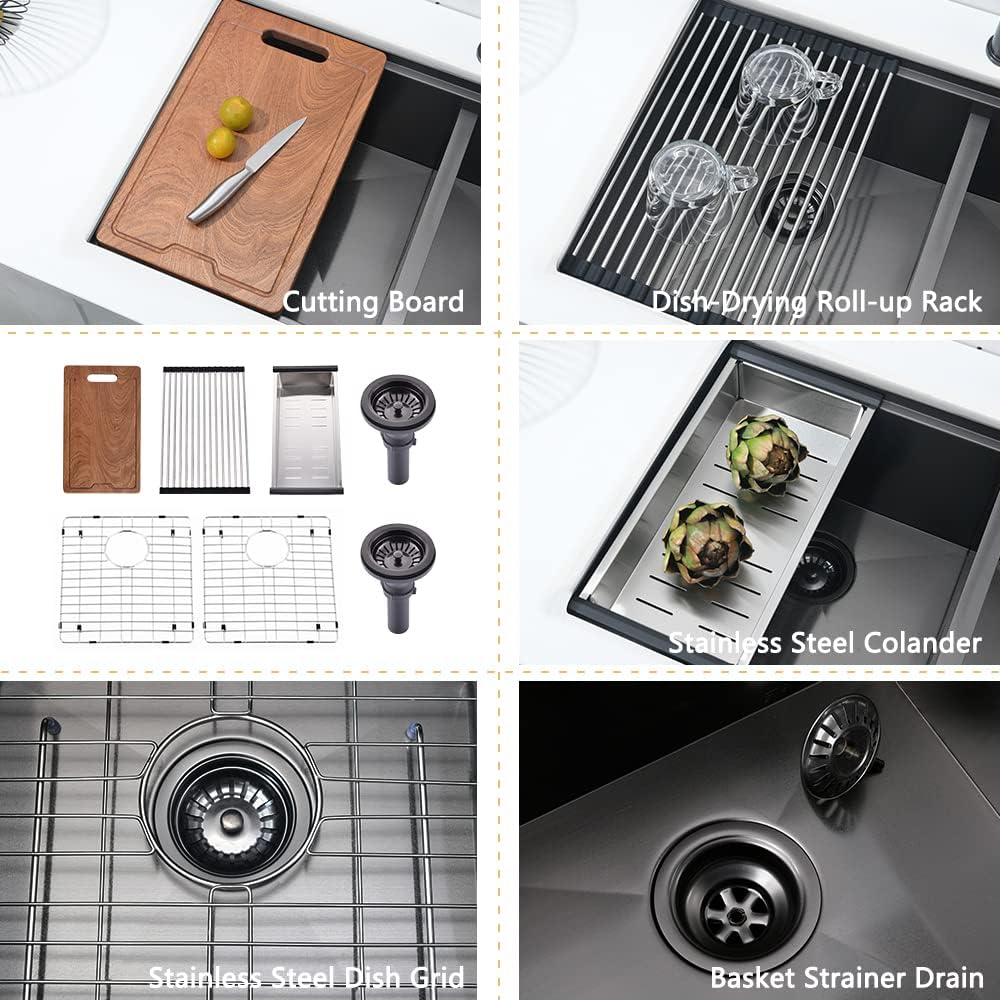 33 Inch Black Double Bowl Undermount Kitchen Sink Workstation-Bokaiya 33x19 Kitchen Sink Undermount 50/50 Double Bowl Sink 16 Gauge Black Stainless Steel Double Basin with Cutting Board