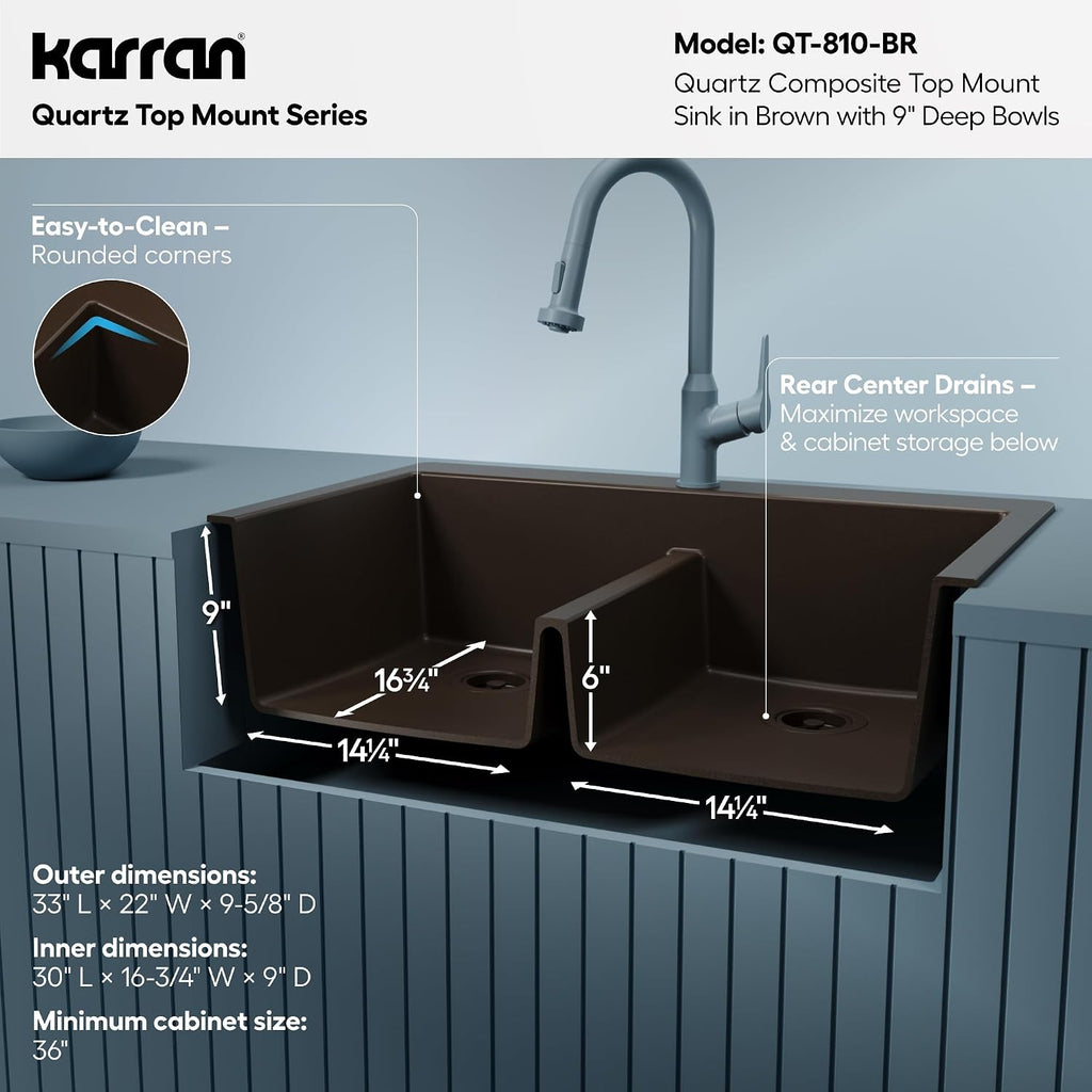 Karran 33' Brown Quartz Composite Double Bowl Kitchen Sink – Top Mount Drop-In 50/50 Low Divider, 80% Natural Quartz, 535°F Heat Resistant, Sound Dampening, Granite Composite, QT-810