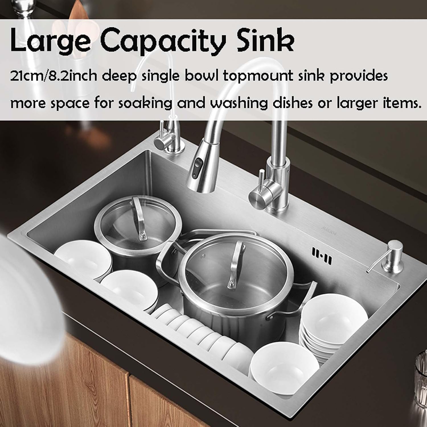 Workstation Kitchen Sink 72x45cm, Undermount 16 Gauge Stainless Steel Kitchen Sink, Drop in Single Bowl Kitchen Sink with Faucet, Soap Dispenser, Drain Bask(72x45cm
