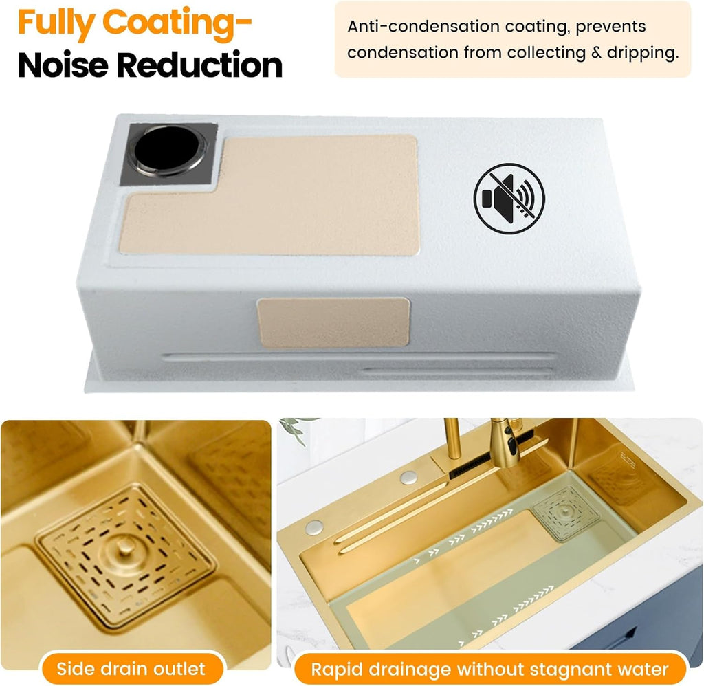 Gold Stainless Steel Single Bowl Kitchen Sink With Drainer, Drop In/Undermount Large Workstation Sink, Includes Pull Out Faucet, Cup Washer, Basin, Drain Basket, Full Waste Kit(Gold,80x45x22cm)