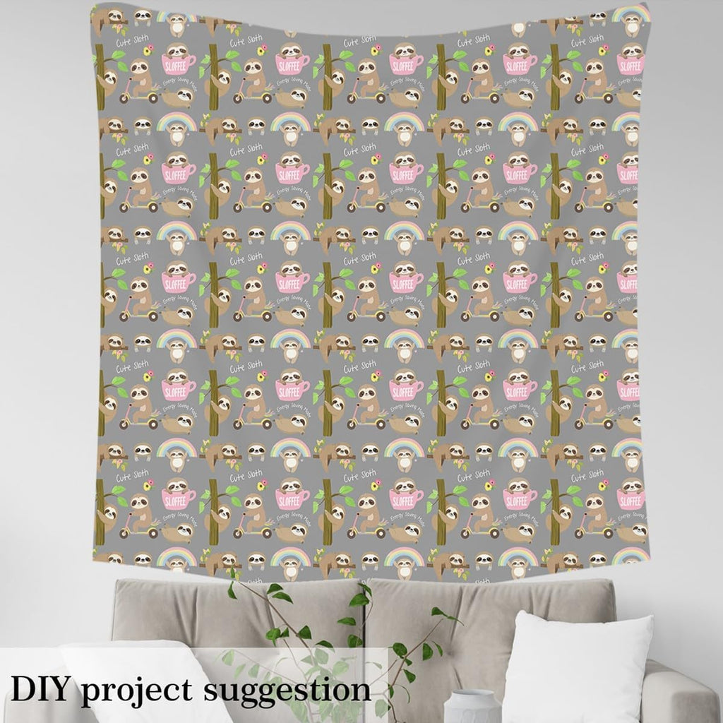 Feelyou Sloth Fabric by The Yard, Cute Cartoon Zoo Animal Upholstery Fabric for Chairs, Sloth Rainbow Print Decorative Waterproof Outdoor Fabric, 10 Yards, Gray
