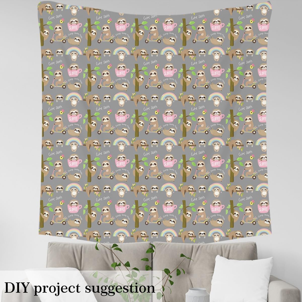 Feelyou Sloth Fabric by The Yard, Cute Cartoon Zoo Animal Upholstery Fabric for Chairs, Sloth Rainbow Print Decorative Waterproof Outdoor Fabric, 10 Yards, Gray