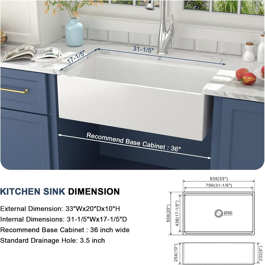 White Farmhouse Sink 33 Inch Kitchen Sinks Workstation Flat Fireclay Porcelain Ceramic Single Bowl Farm Sinks 33x20x10 Inch with Red Wooden Cutting Board