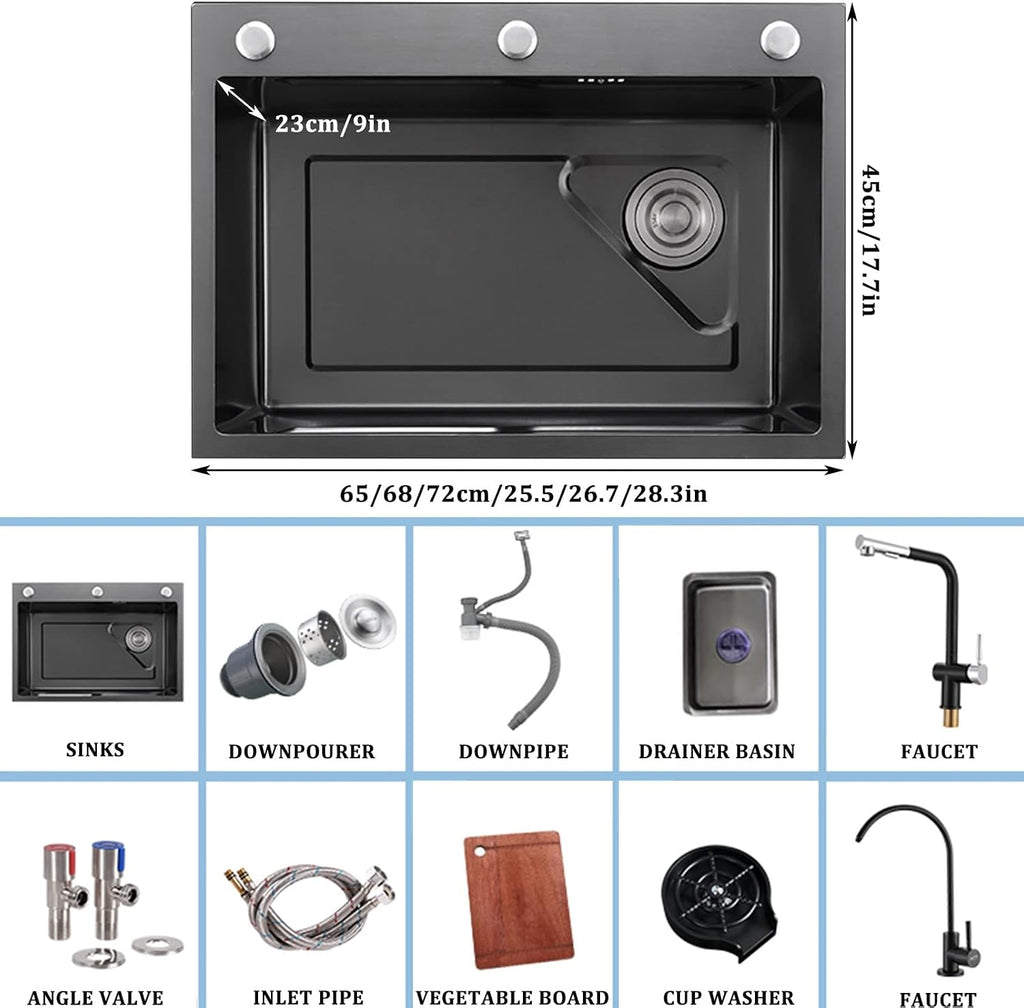 Single Bowl Kitchen Sink 304 Stainless Steel Bar Sink RV Sink with Faucet and Cup Washer Top Mount Or Undermount (Color : Black, Size : 72x46x23cm) (Black 65x46x23cm)