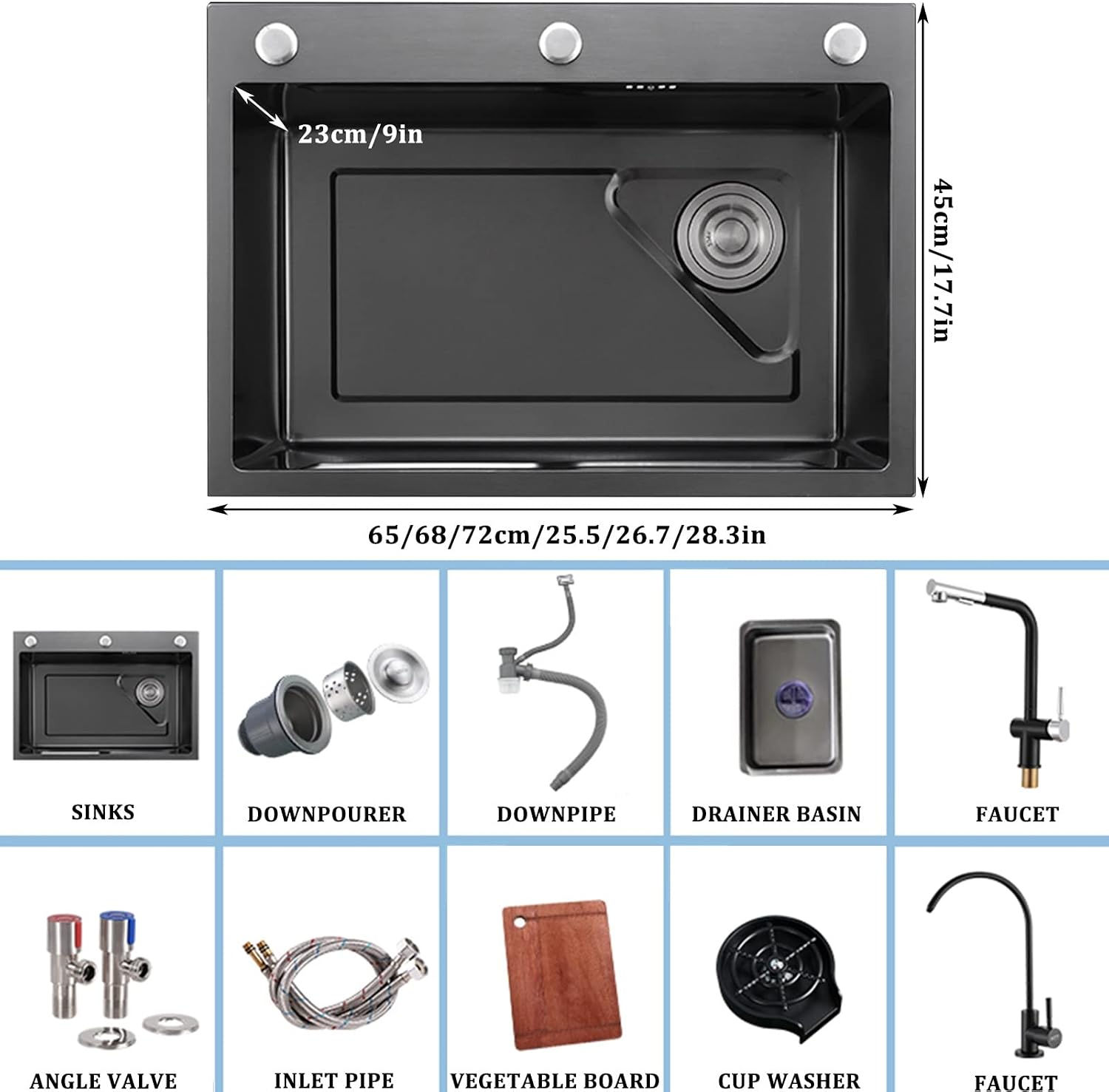 Single Bowl Kitchen Sink 304 Stainless Steel Bar Sink RV Sink with Faucet and Cup Washer Top Mount Or Undermount (Color : Black, Size : 72x46x23cm) (Black 65x46x23cm)