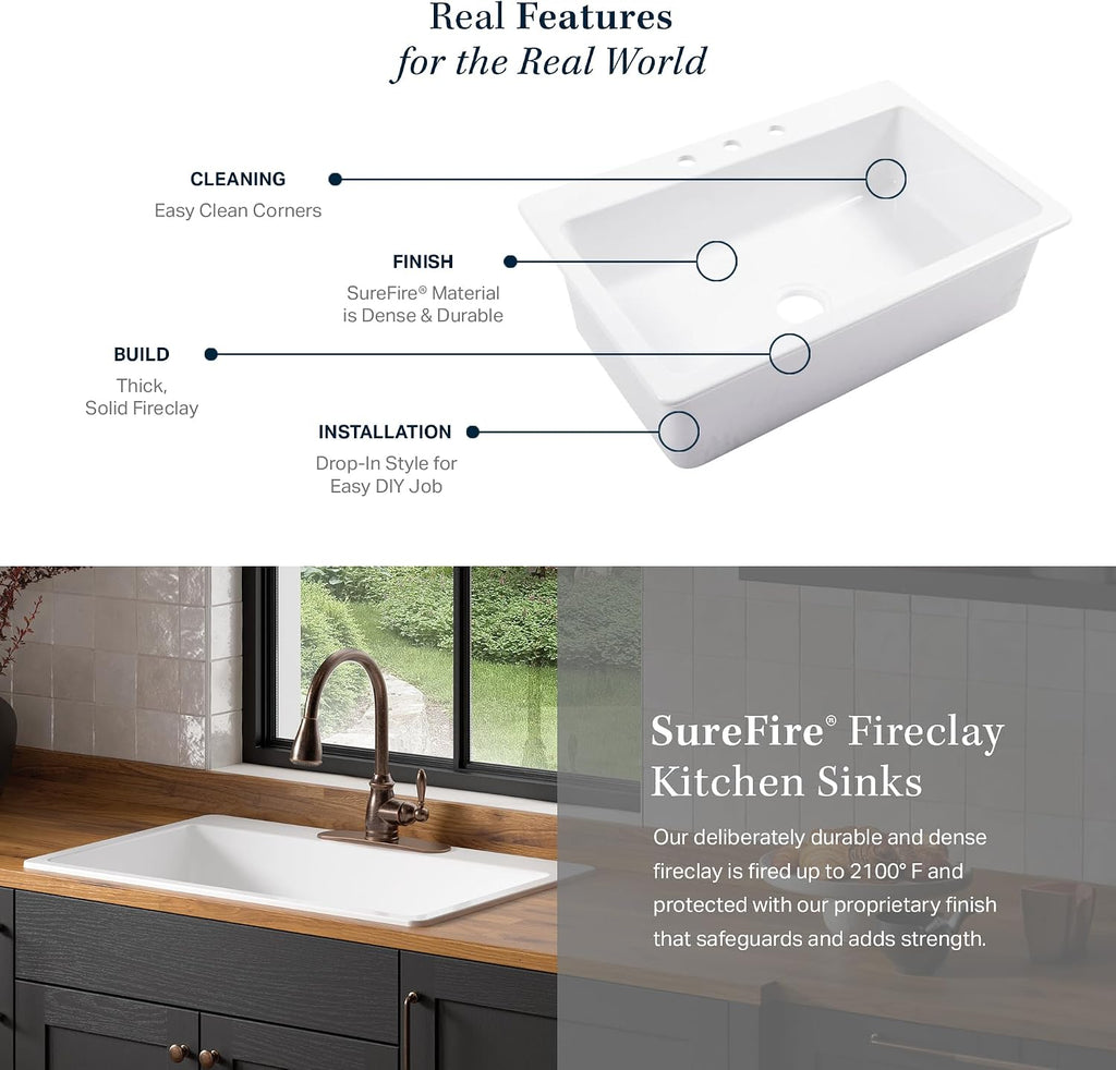 Sinkology Jackson 33 Inch Drop-In Fireclay Kitchen Sink Matte Black Single Bowl – Deep Basin, 3 Pre-Drilled Faucet Holes, Fits 36 Inch Cabinet