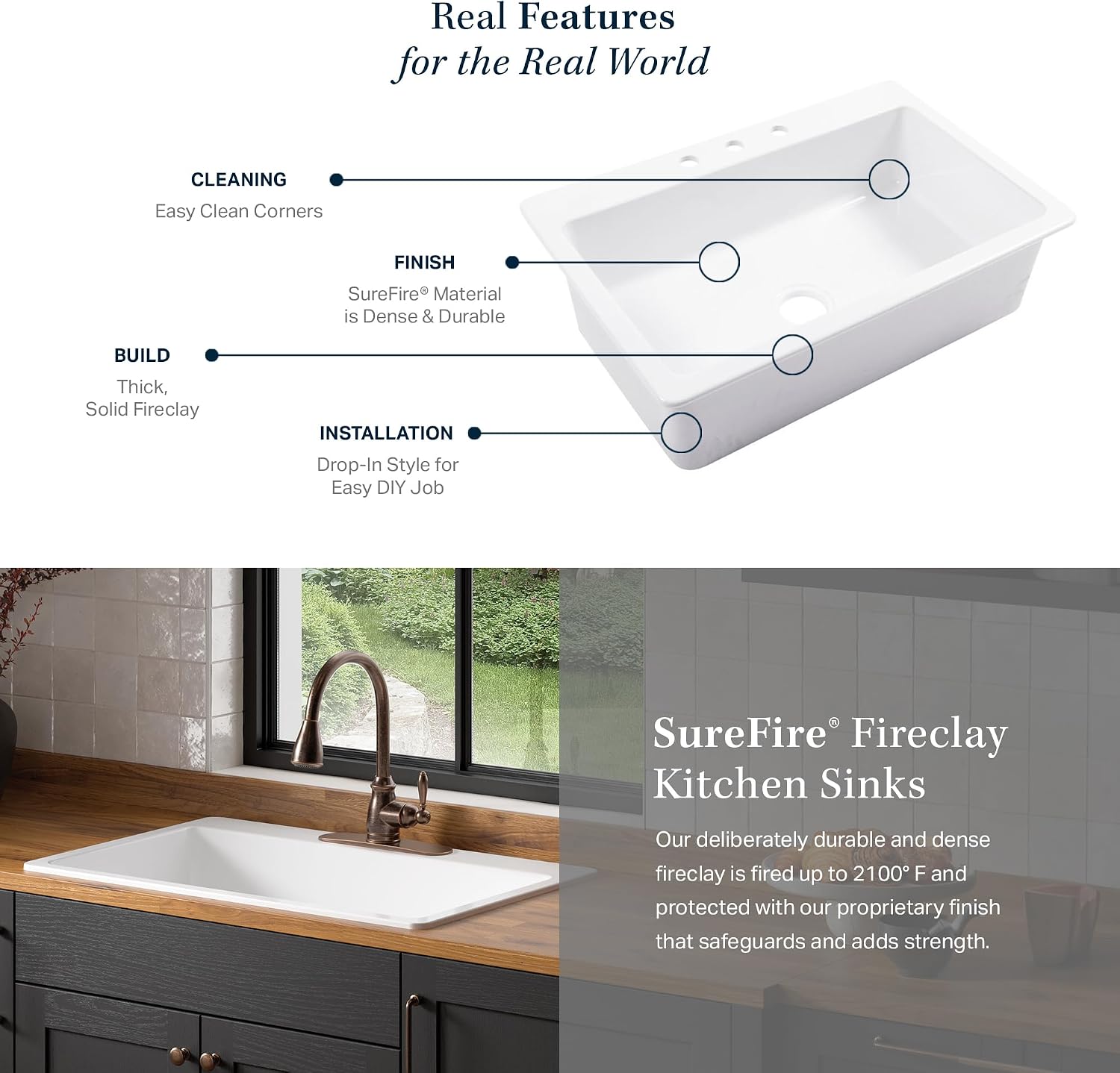 Sinkology Jackson 33 Inch Drop-In Fireclay Kitchen Sink Matte Black Single Bowl – Deep Basin, 3 Pre-Drilled Faucet Holes, Fits 36 Inch Cabinet