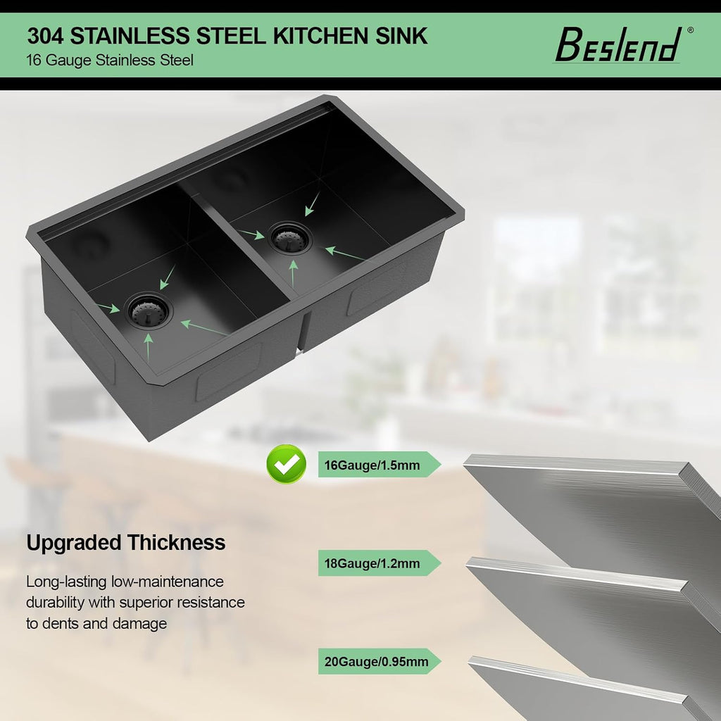 33 Black Undermount Kitchen Sink - 33x19 Gunmetal Black Double Bowl Kitchen Sinks Workstation 16 Gauge Stainless Steel Sink Low Divide Double Basin 50/50