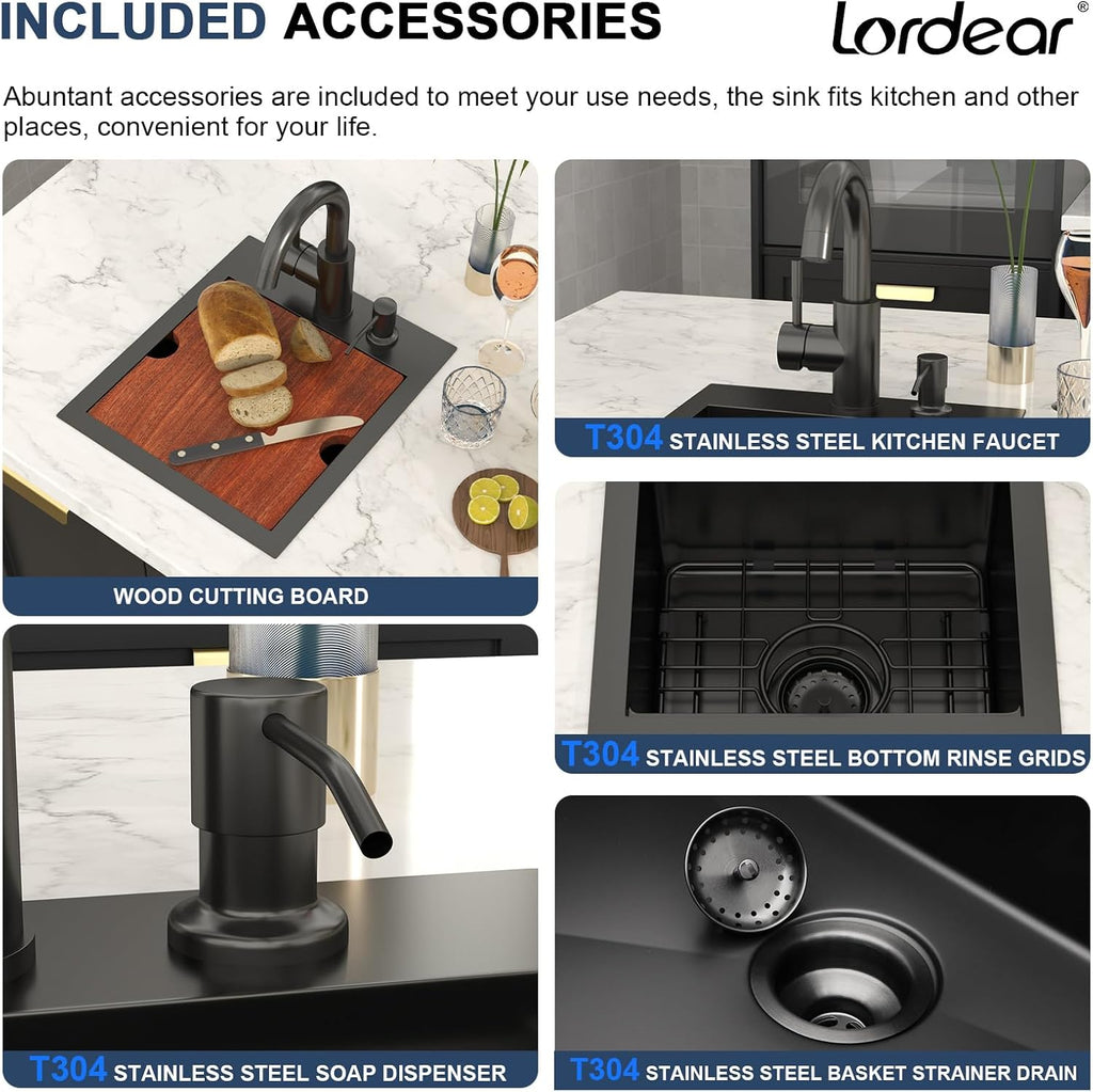 Lordear 13'x15' Bar Sink with Faucet - Drop In Bar Sink Workstation 16 Gauge 304 Stainless Steel Single Bowl Top Mount Wet Bar RV Prep Outdoor Kitchen Sink 13x15x9 Inch