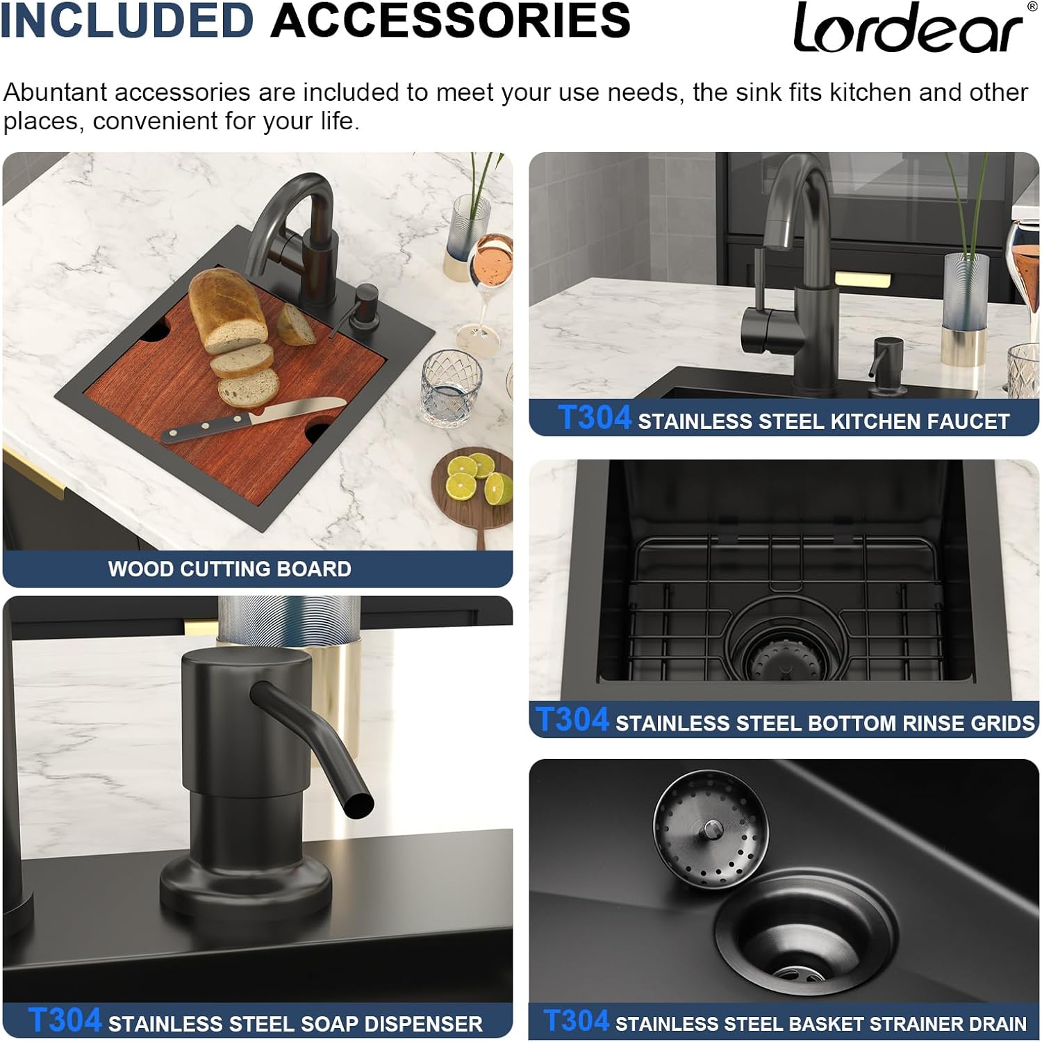 Lordear 13'x15' Bar Sink with Faucet - Drop In Bar Sink Workstation 16 Gauge 304 Stainless Steel Single Bowl Top Mount Wet Bar RV Prep Outdoor Kitchen Sink 13x15x9 Inch