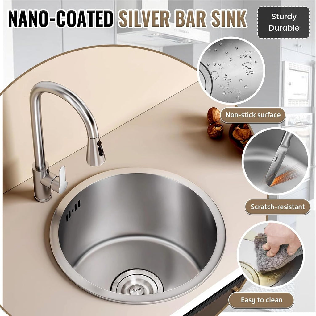 304 Stainless Steel Single Bowl Kitchen Sink, Drop-In/Undermount Workstation Sink With Drain, Handmade Small Wet Bar Sink For RV, Home, Office, Durable Washing Basin Pool(Silver,30x30x19cm)