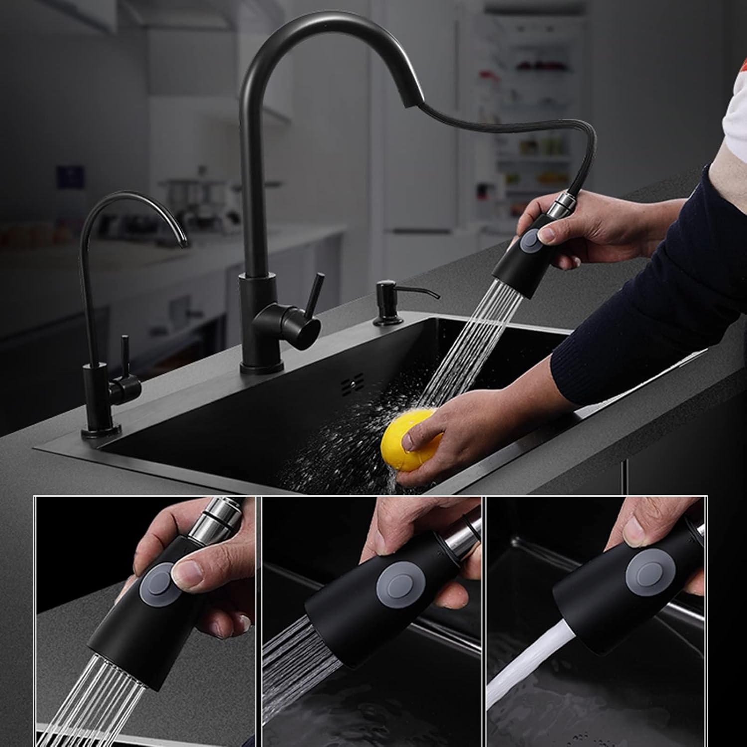304 Stainless Steel Single Bowl Kitchen Sink Square Nano Bar Sink Multi-functional RV Sink with Faucet and Drainage Assembly Top Mount Or Under Mount (Color : Black-a, Size : 72x45x22cm) (Blackb 7