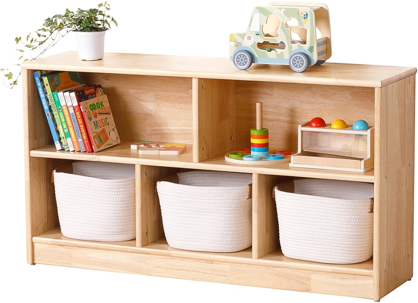 OOOK Rubber Wood 5-Compartment Montessori Shelf, 43.3' L, 2-Tier Toy Organizers and Storage, Wooden Storage Cabinet for Kids Room, Playroom, Nursery, Classroom, Kindergarten