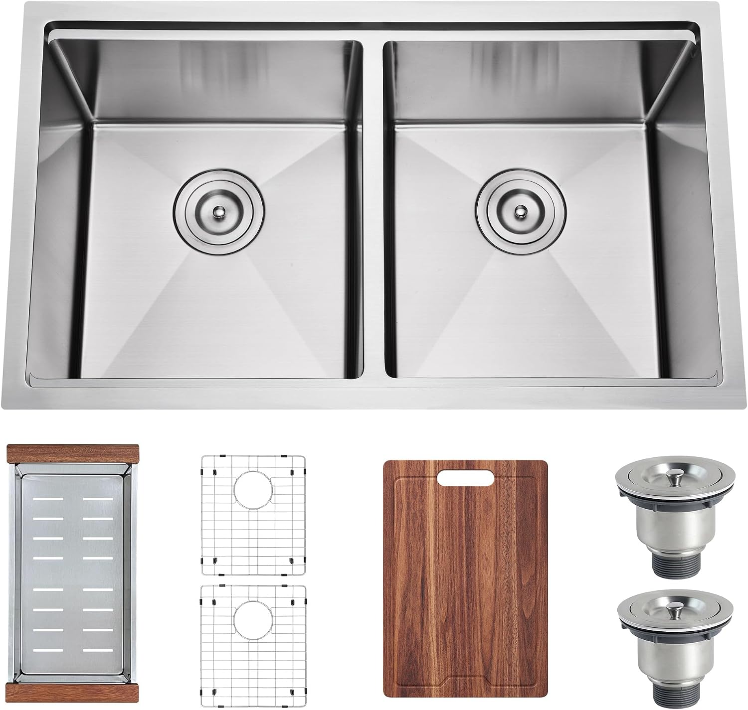 32 Inch Double Bowl Undermount Workstation Kitchen Sink 16 Gauge Stainless Steel 50/50 Handmade Rectangular Sinks with Ledge and Accessories 32' x 18' x 10'