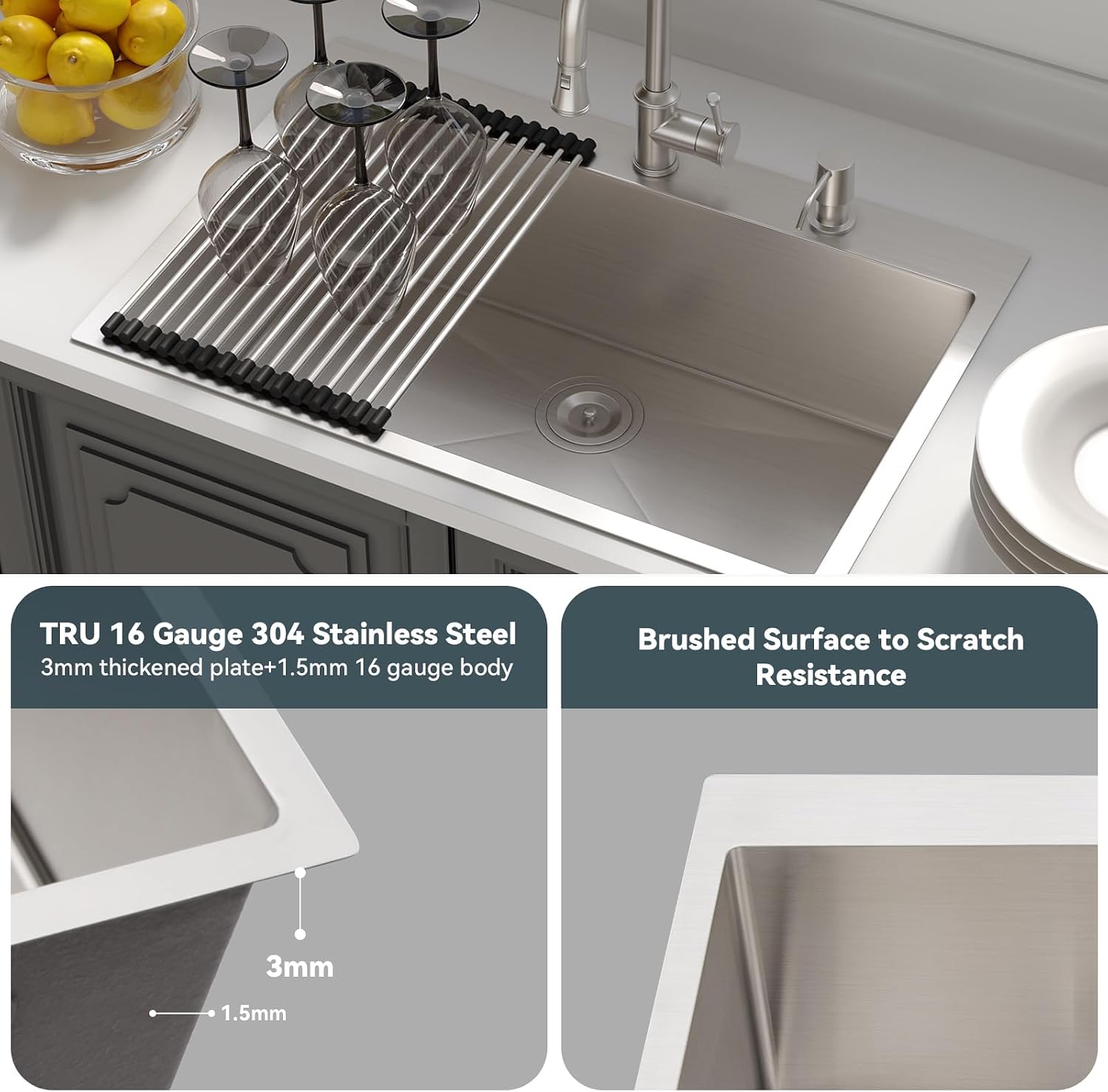 Lordear 33 Inch Drop In Kitchen Sink 33x22 Stainless Steel Topmount Sinks 16 Gauge T304 Single Bowl Kitchen Sink With 3mm Thickened Plate Round Corners