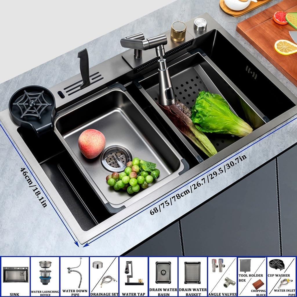 Waterfall Sink with 1080° Rotating Faucet Stainless Steel Single-Bowl Kitchen Workstation Sink with Pull-Out Faucet and Cup Washer Dual-Mount (Color : Black, Size : 68x46x21cm) (Black 68x46x21cm)