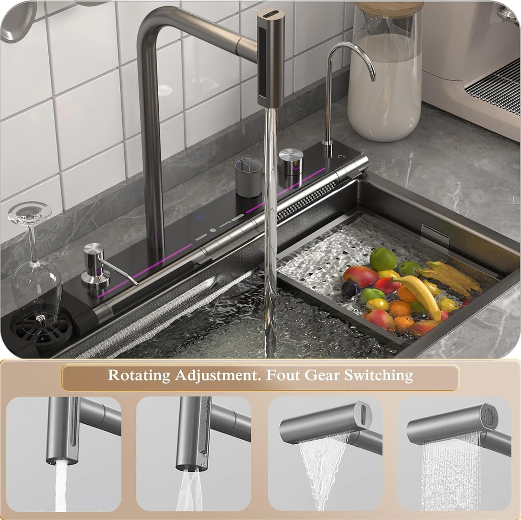Dual Waterfall Kitchen Sink Modern Kitchen Sink Single Bowl Digital Smart Sink with Soap Dispenser Stainless Steel Sink with Pull-Out Faucet Workstation Sink with Honeycomb(29.5x18.1in)