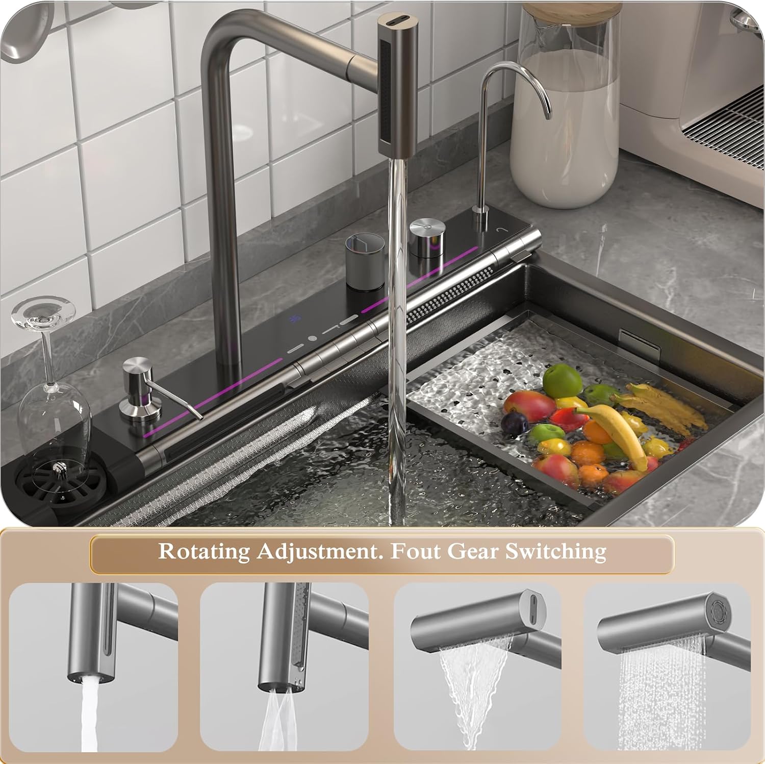 Dual Waterfall Kitchen Sink Modern Kitchen Sink Single Bowl Digital Smart Sink with Soap Dispenser Stainless Steel Sink with Pull-Out Faucet Workstation Sink with Honeycomb(29.5x18.1in)
