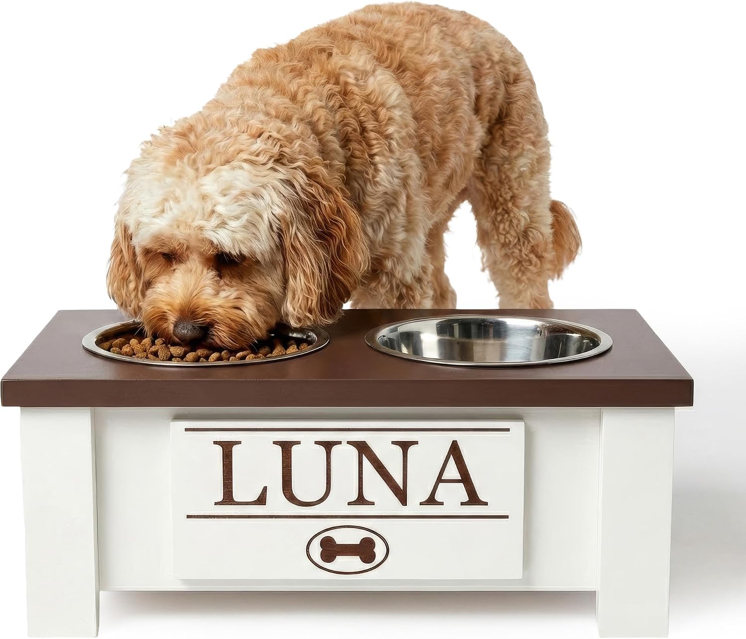 GTW Elevated Dog Bowl Stand for Small Dogs - Customized Feeding Station with Storage & Stainless Steel Food Bowls (Small, Dark Walnut)