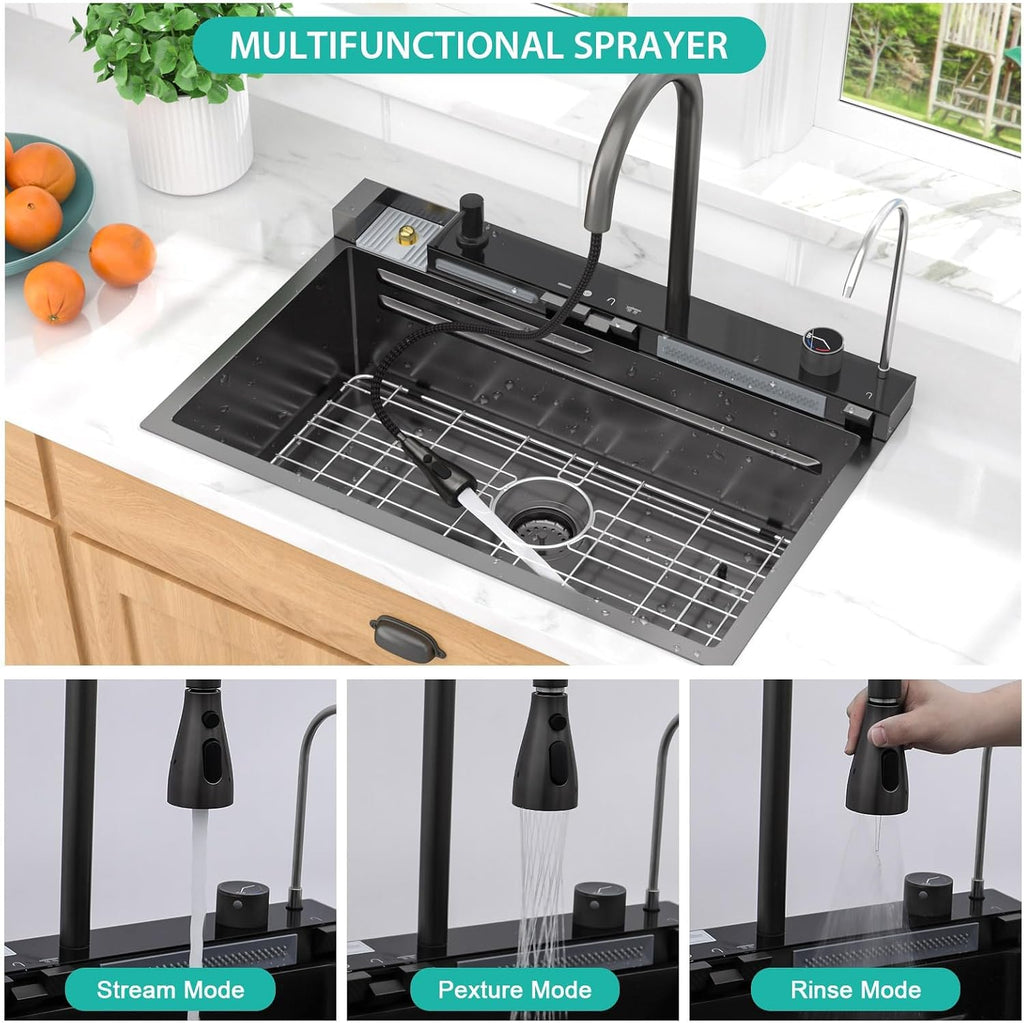 Smart Waterfall Kitchen Sink 30 Inch, Gunmetal Black Drop In 16 Gauge Stainless Steel Single Bowl Workstation Sink with Pull-Down Faucet, Cup Washer & Multi-Function Spray#TLWF-0004