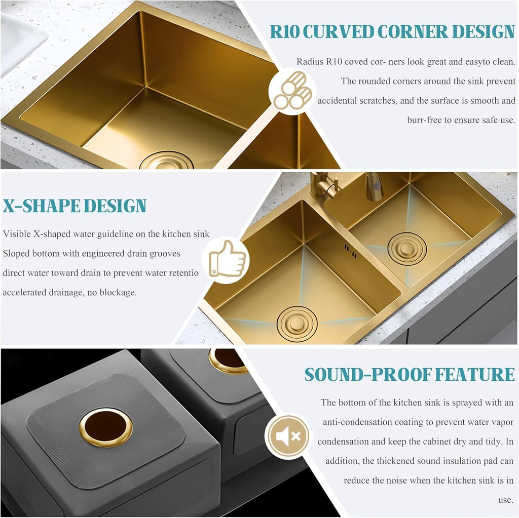 Gold Double Bowl Kitchen Sink, Stainless Steel Nano-Coated, Double Basin Sink, Drop-in Undermount with Gold Sink Stopper Drain Strainer 82 * 45cm