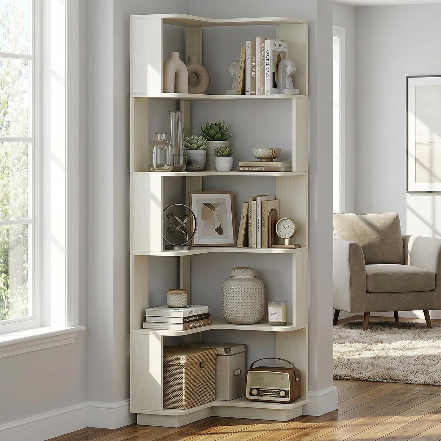 5 Tier Corner Bookshelf, Freestanding L-Shaped Wooden Bookcase with Open Shelves, Anti-Fall Panels and Anti-Tipping Device for Living Room, Bedroom, Home Office (White Oak)