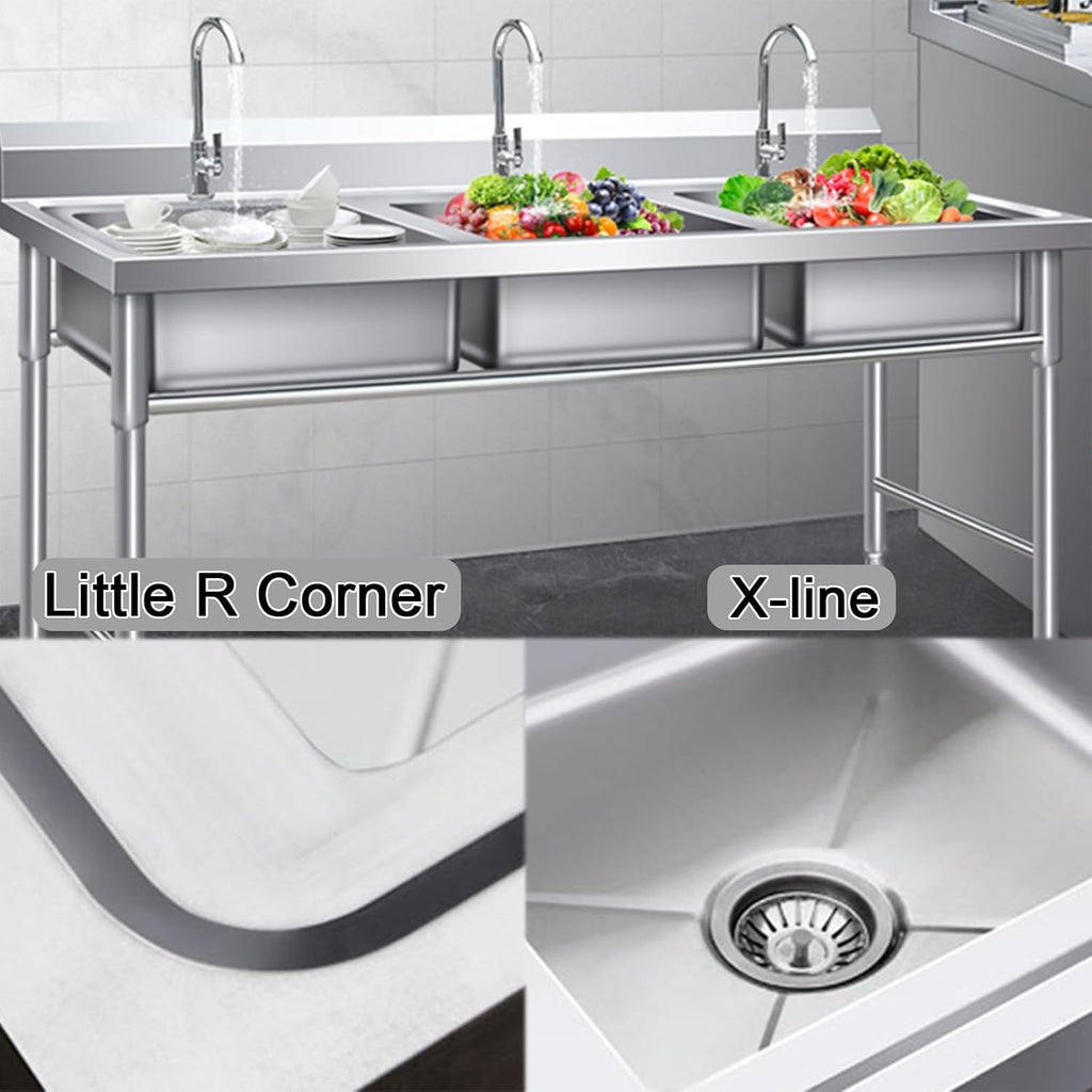 Triple-bowl Design Stainless Steel Sink Includes Accessories Beam-Reinforced Outdoor Sinks with Backrest H80cm (31.5') X-Flow Adjustable Feet Large Opening