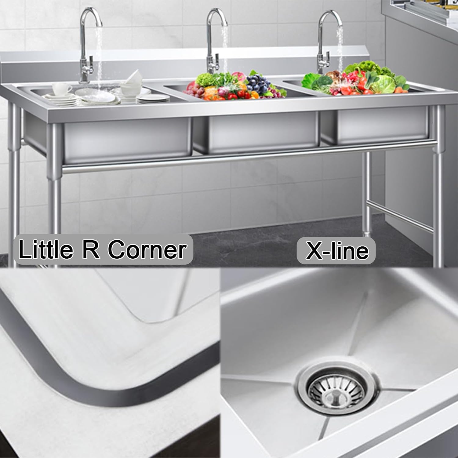 Triple-bowl Design Stainless Steel Sink Includes Accessories Beam-Reinforced Outdoor Sinks with Backrest H80cm (31.5') X-Flow Adjustable Feet Large Opening