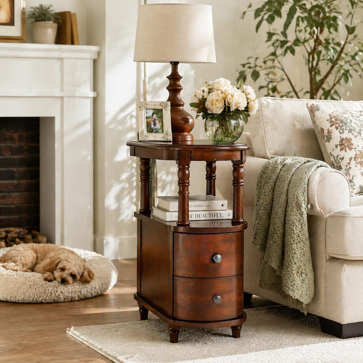 Narrow End Table with 2 Drawers and Storage Shelf, Slim Side Tables, Farmhouse Sofa Beside Table- for Small Spaces, Living Room Telephone Tables, Easy Assembly, Dark Brown BG-A508-CY